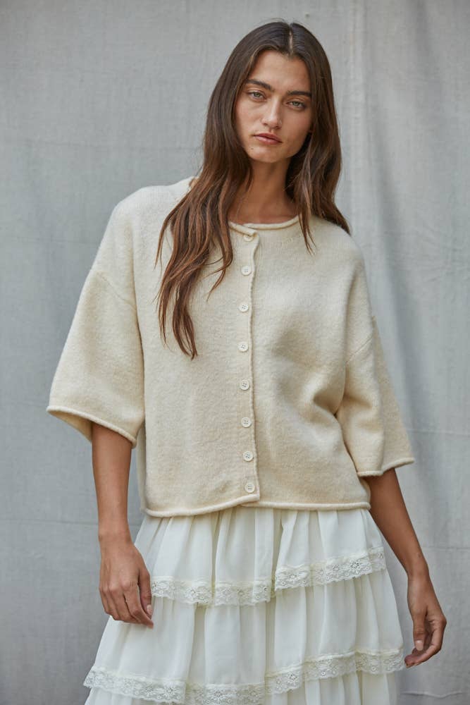 Quarter Sleeve Cardigan - Cream