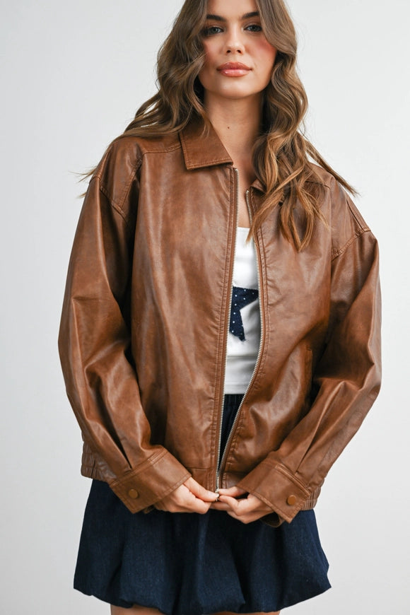 Camel Faux Leather Bomber Jacket