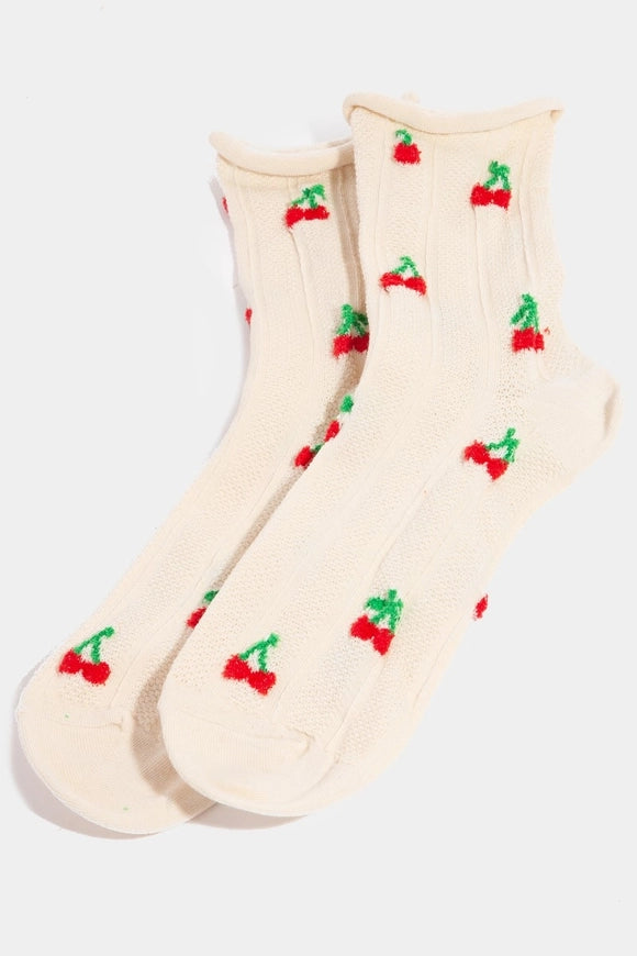Intricate Embroidered Cherry Socks