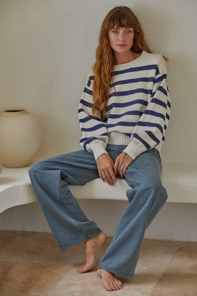 Blue Striped Overized Knit Sweater