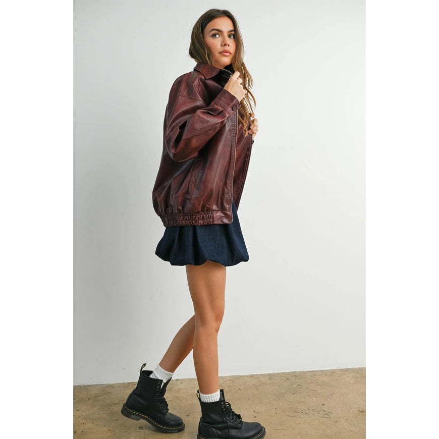 Wine Faux Leather Bomber Jacket