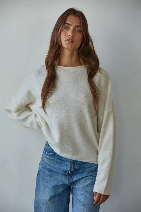 Rolled Neck Knit Sweater - Off-White