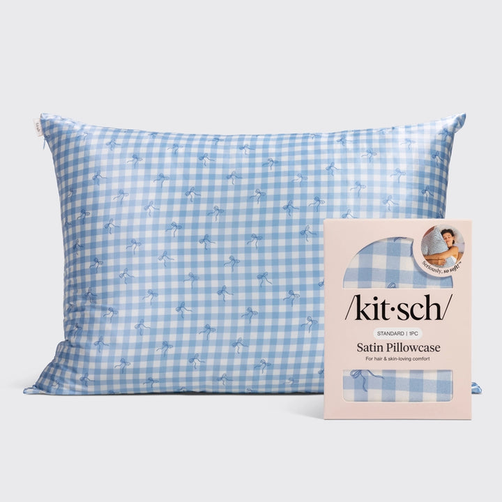 Satin Pillowcase - Blue Gingham/Bows