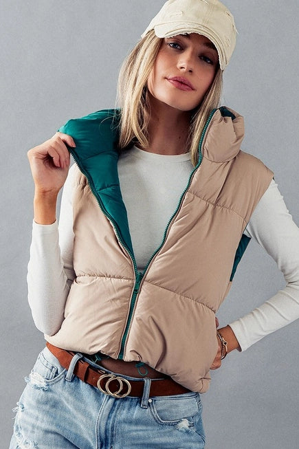 Reversible Cropped Puffer Vest - Green