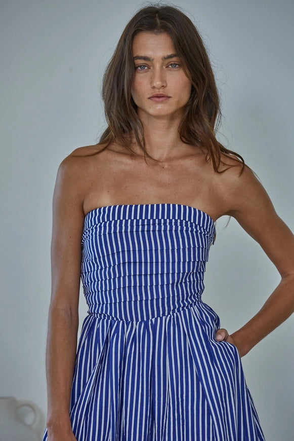 Strapless Blue Striped Maxi Dress