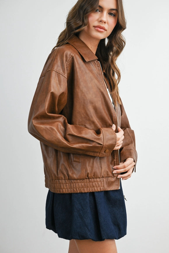 Camel Faux Leather Bomber Jacket