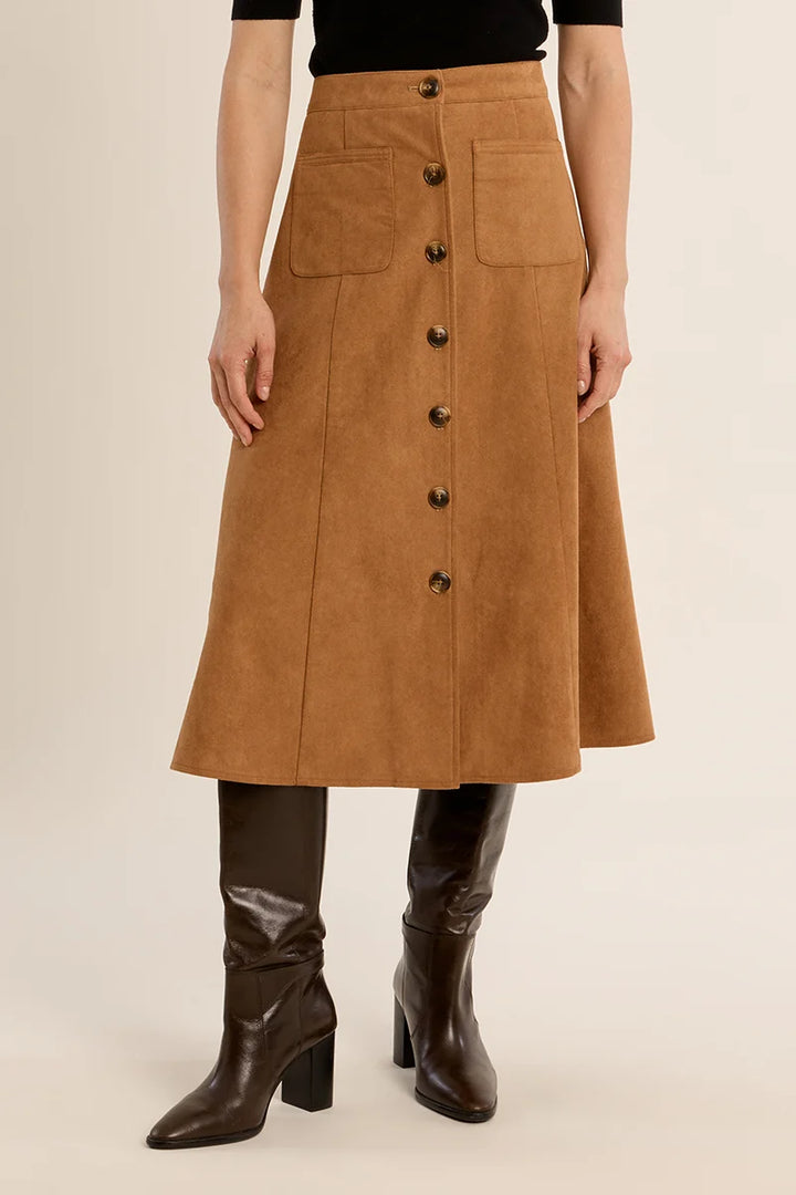 Button Front Suede Midi Skirt