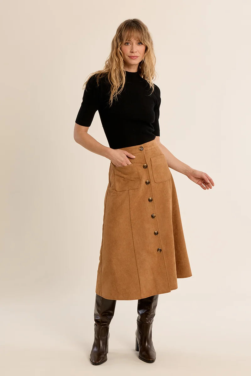 Button Front Suede Midi Skirt