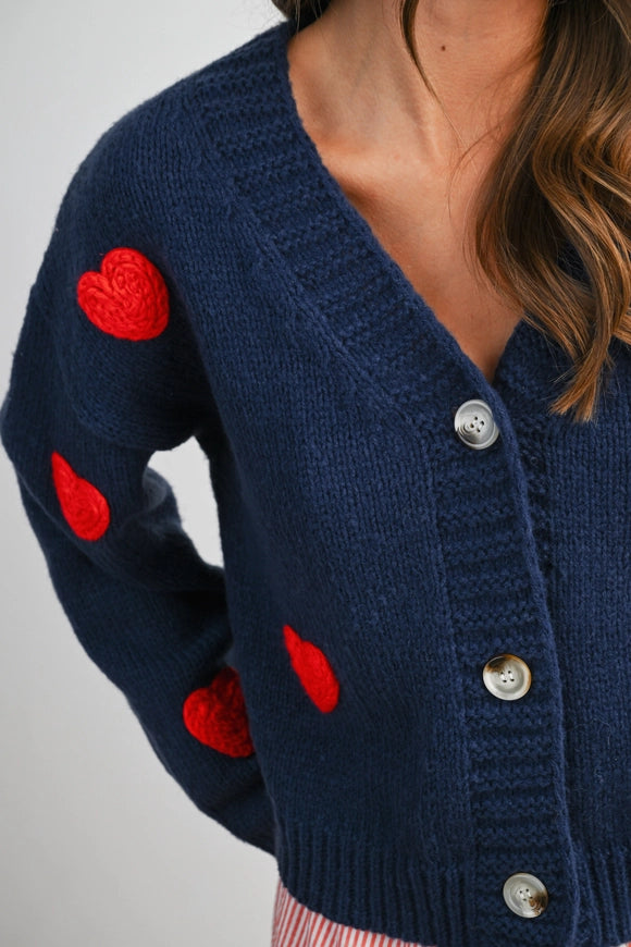 Knit Heart Patterned Cardi - Navy