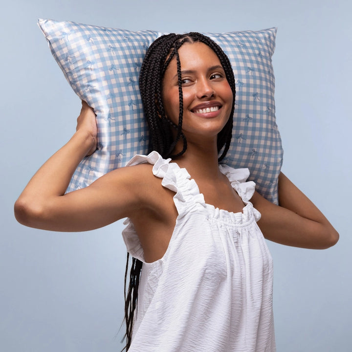 Satin Pillowcase - Blue Gingham/Bows
