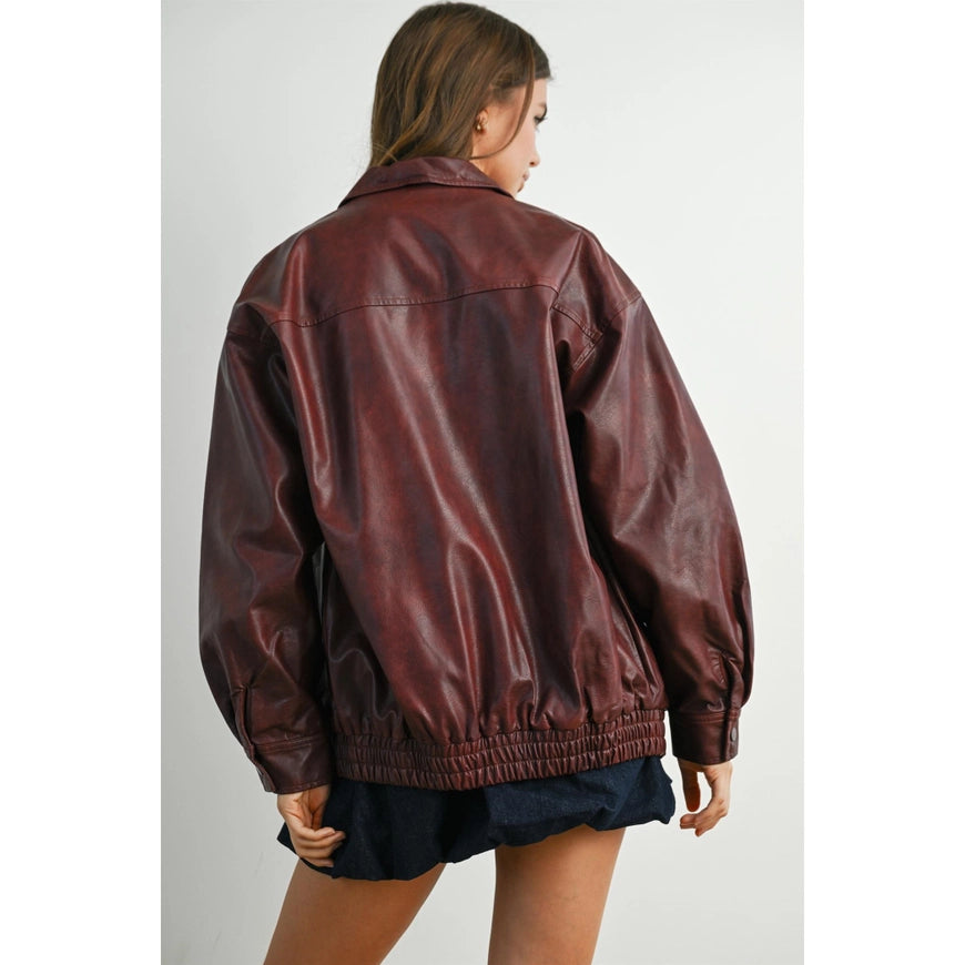Wine Faux Leather Bomber Jacket