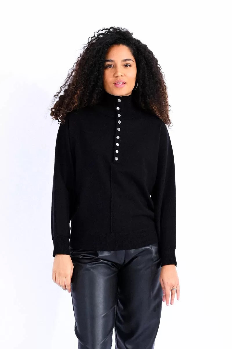 Highneck Button Sweater - Black