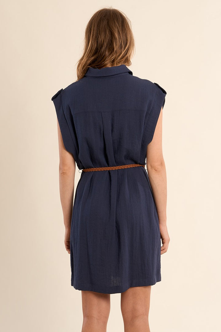 Navy Blue Belted Safari Dress