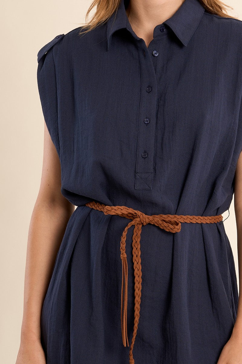 Navy Blue Belted Safari Dress