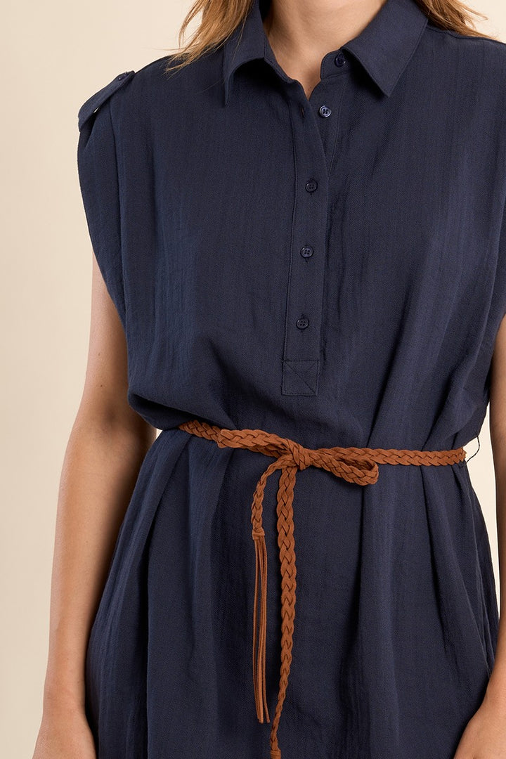 Navy Blue Belted Safari Dress