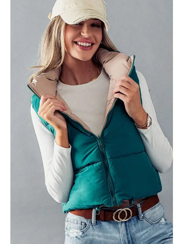 Reversible Cropped Puffer Vest - Green