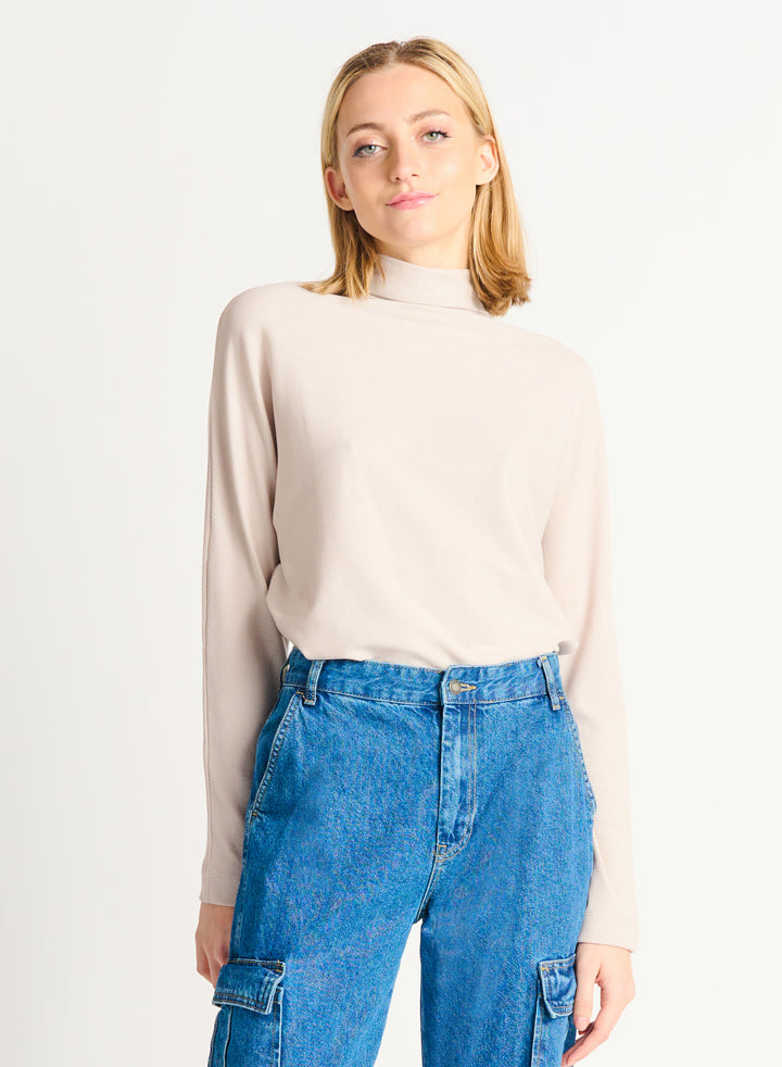 Ribbed Mock Neck Top- Sand