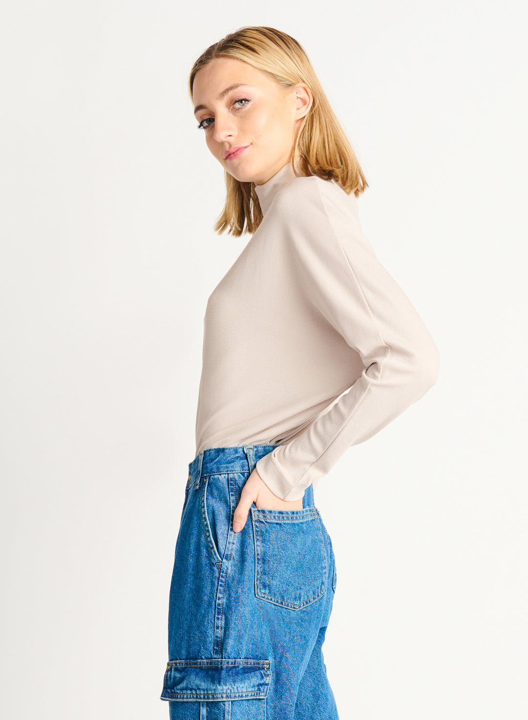Ribbed Mock Neck Top- Sand