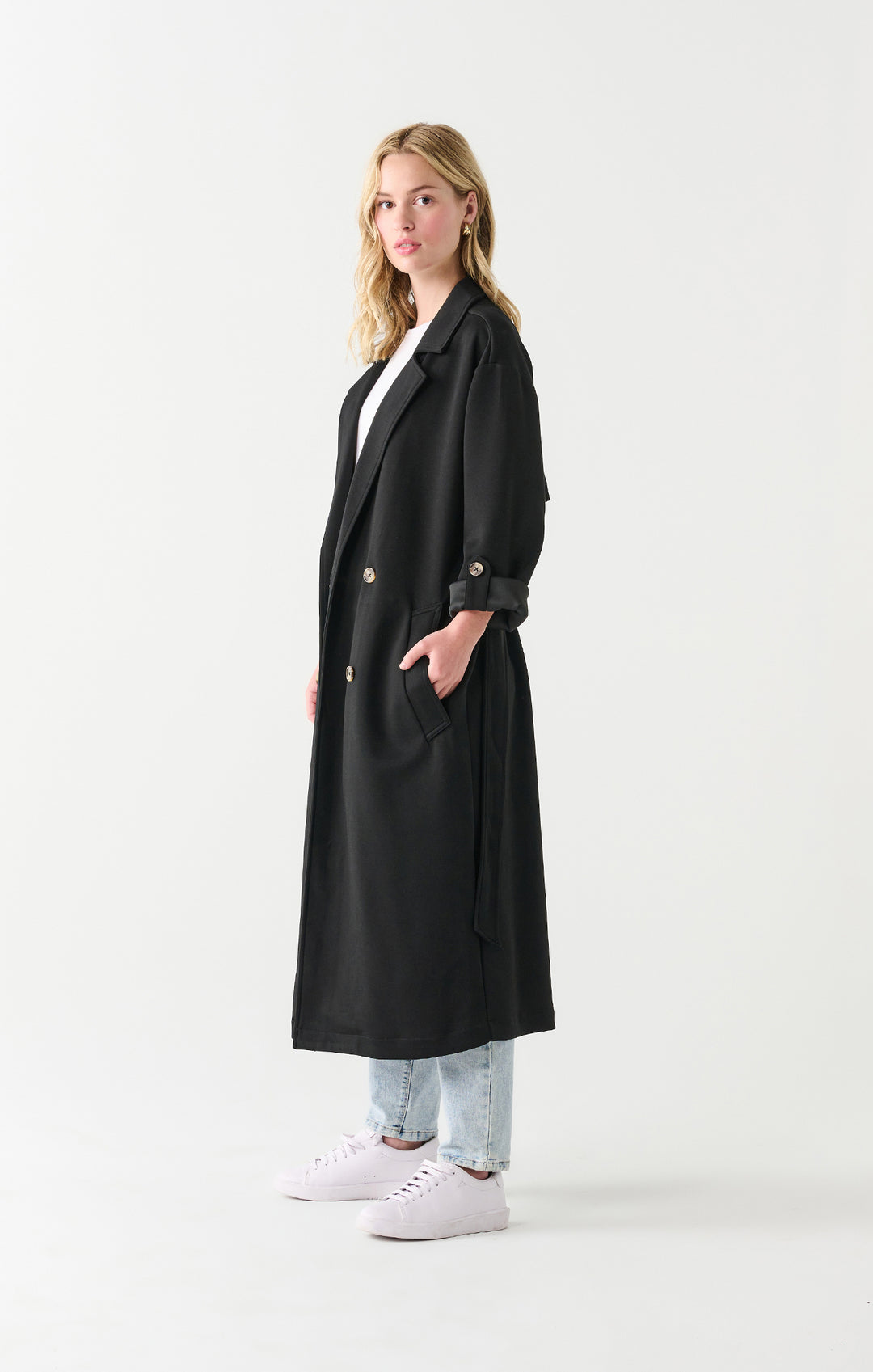 Double Breasted Knit Trench - Black