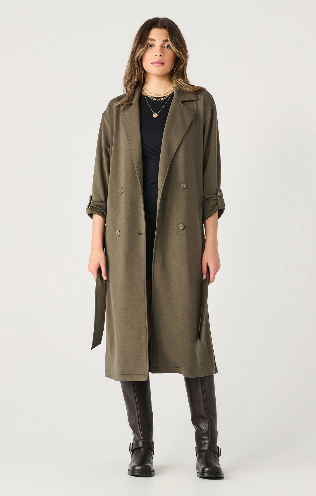 Double Breasted Knit Trench - Deep Olive