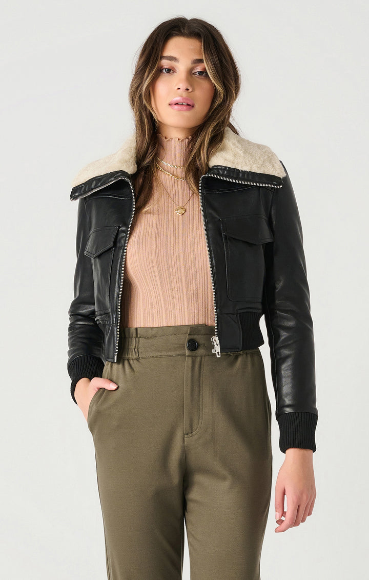 Plush Collar Faux Leather Jacket