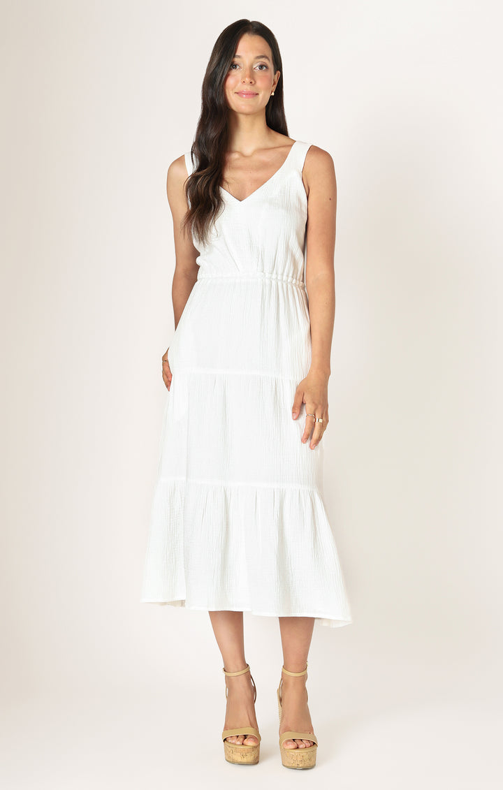 White Textured Tiered Midi Dress