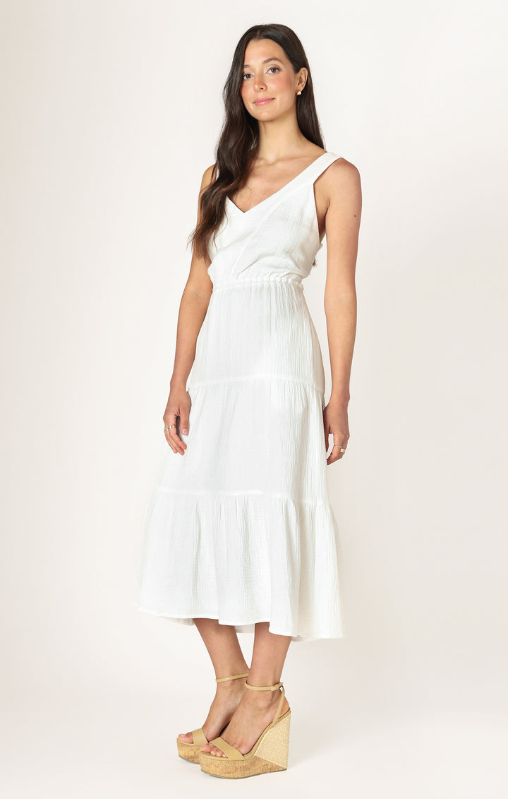 White Textured Tiered Midi Dress