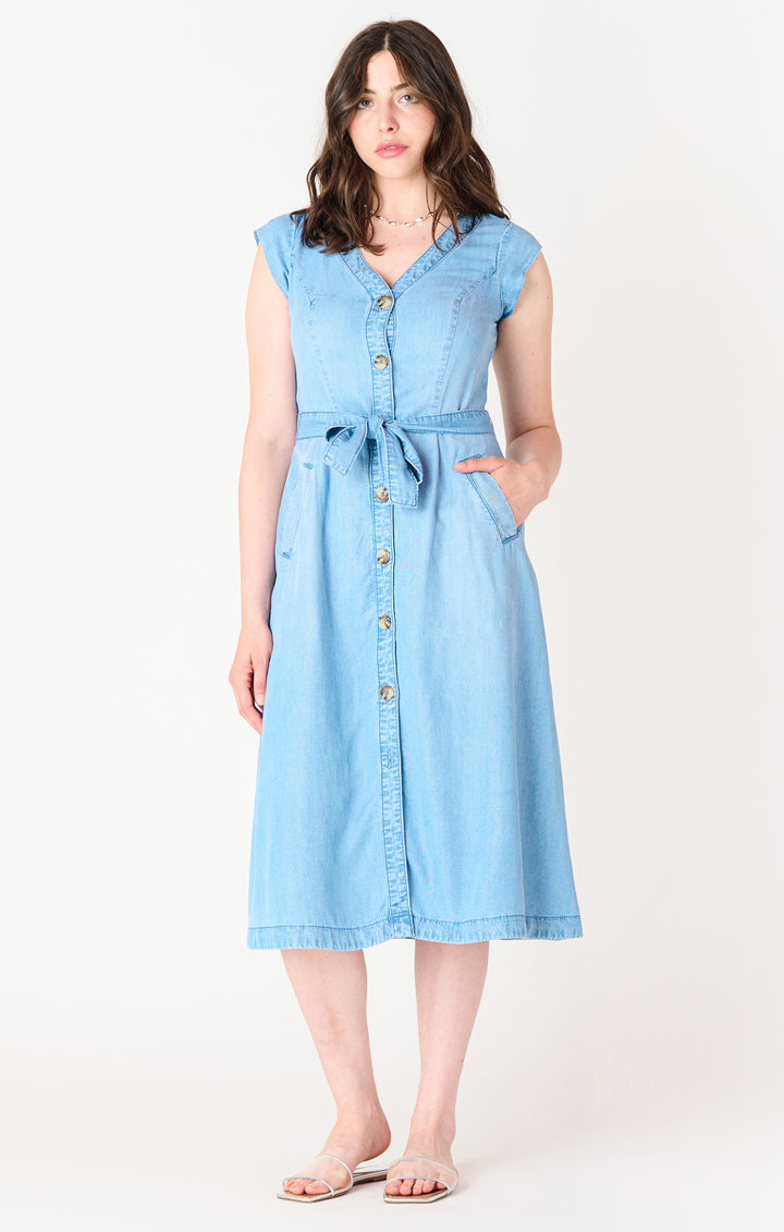Belted Denim Effect Midi Dress
