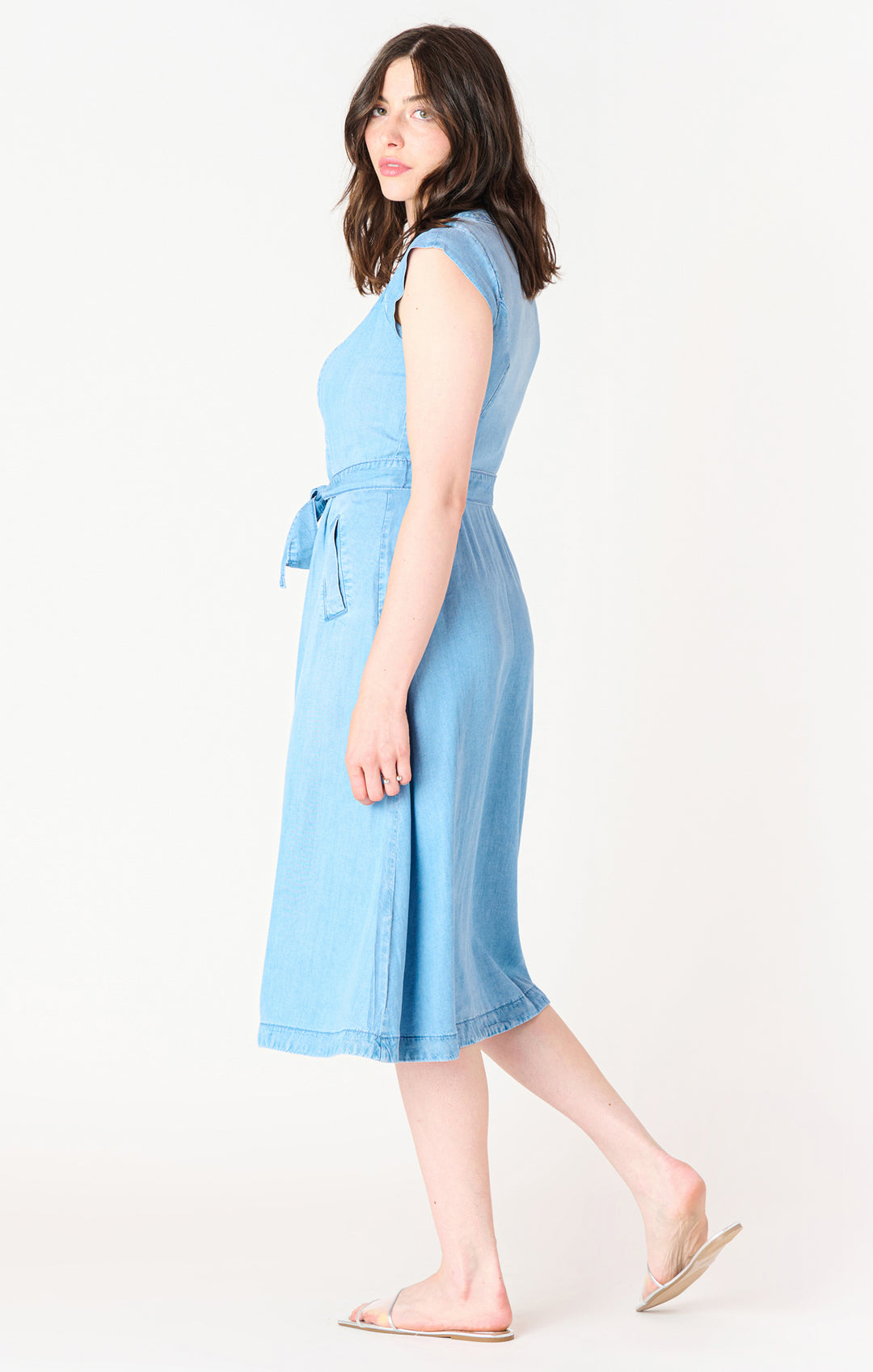 Belted Denim Effect Midi Dress