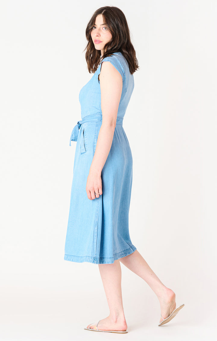 Belted Denim Effect Midi Dress