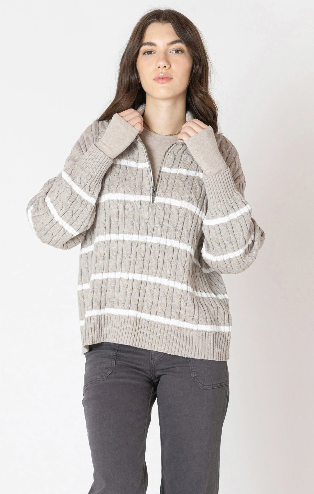 Half Zip Cable Striped Sweater