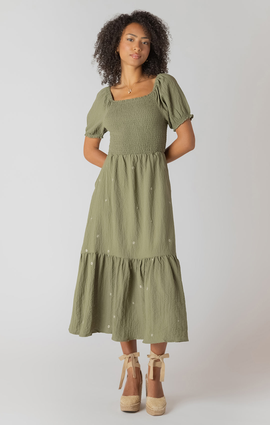 olive green smocked dress Gracefully Yours Ecru Olive Botanical Smocked Midi Dress Small
