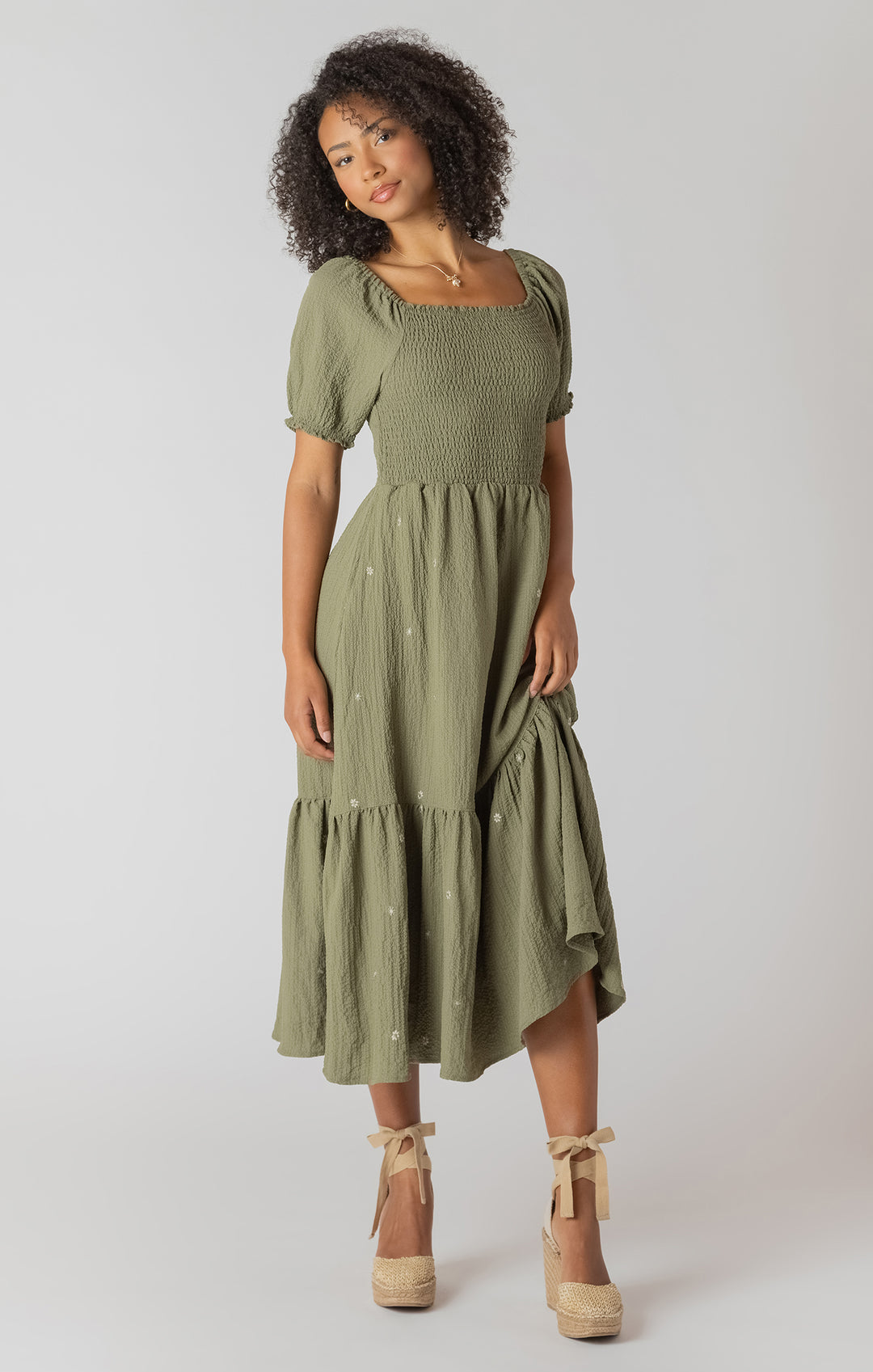 Olive Smocked Tiered Maxi Dress