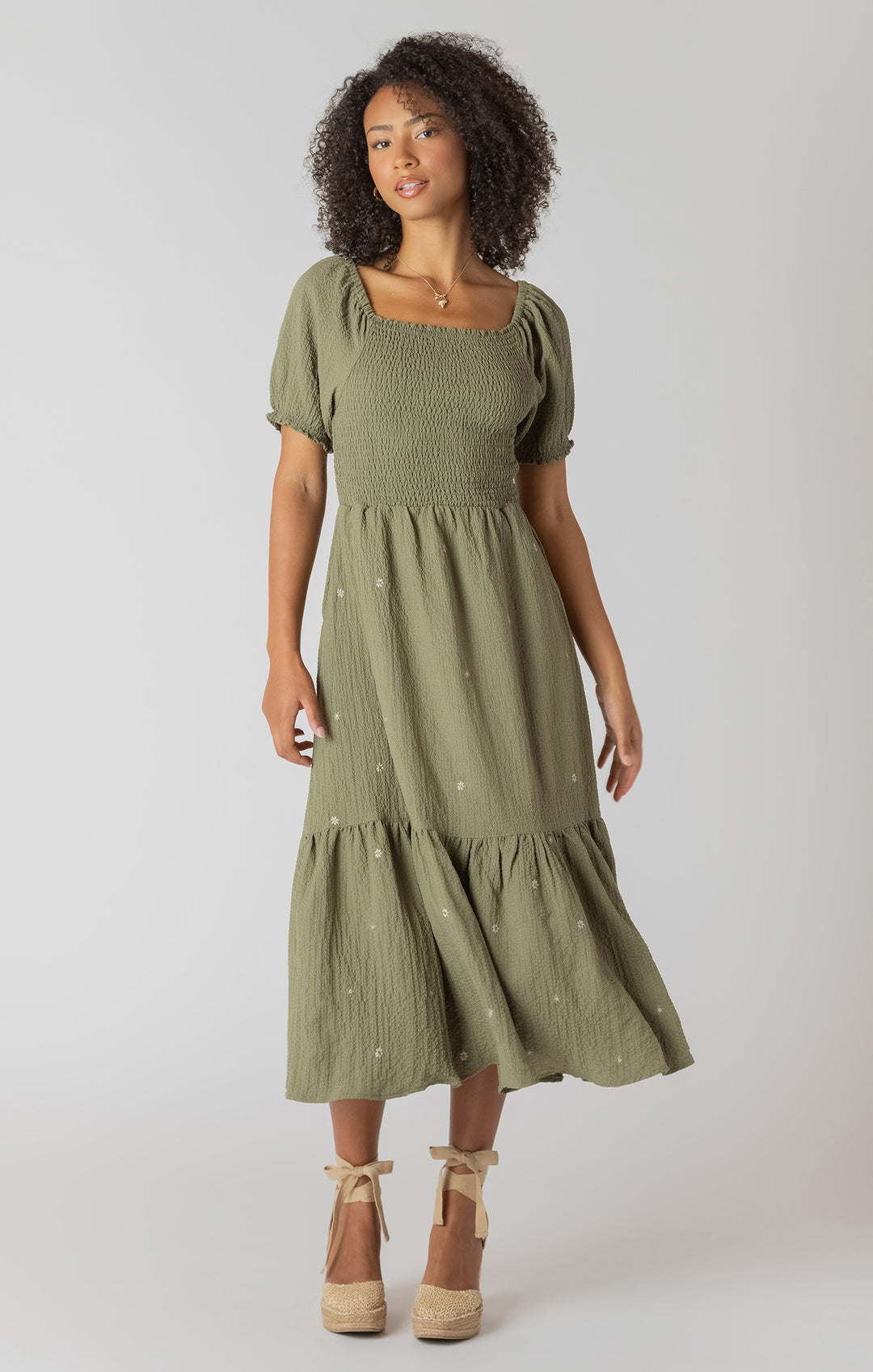 Olive Smocked Tiered Maxi Dress