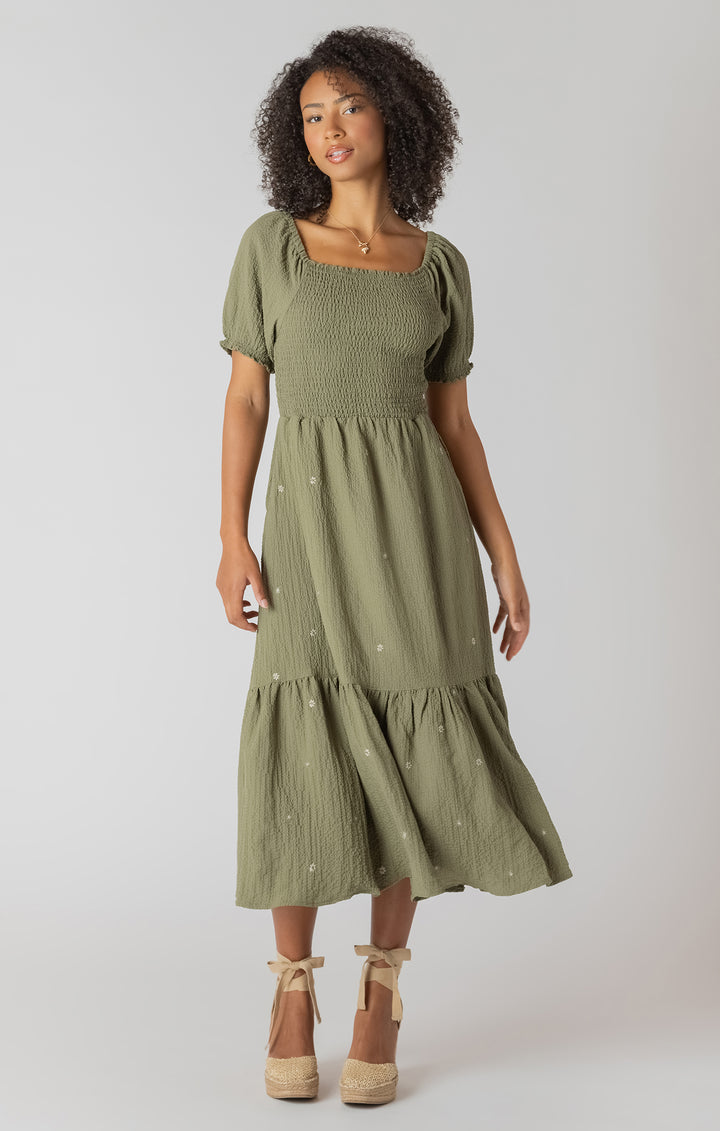 Olive Smocked Tiered Maxi Dress