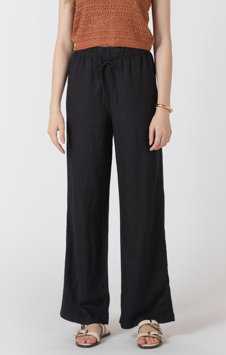 Elastic Waist Linen Pants - Black