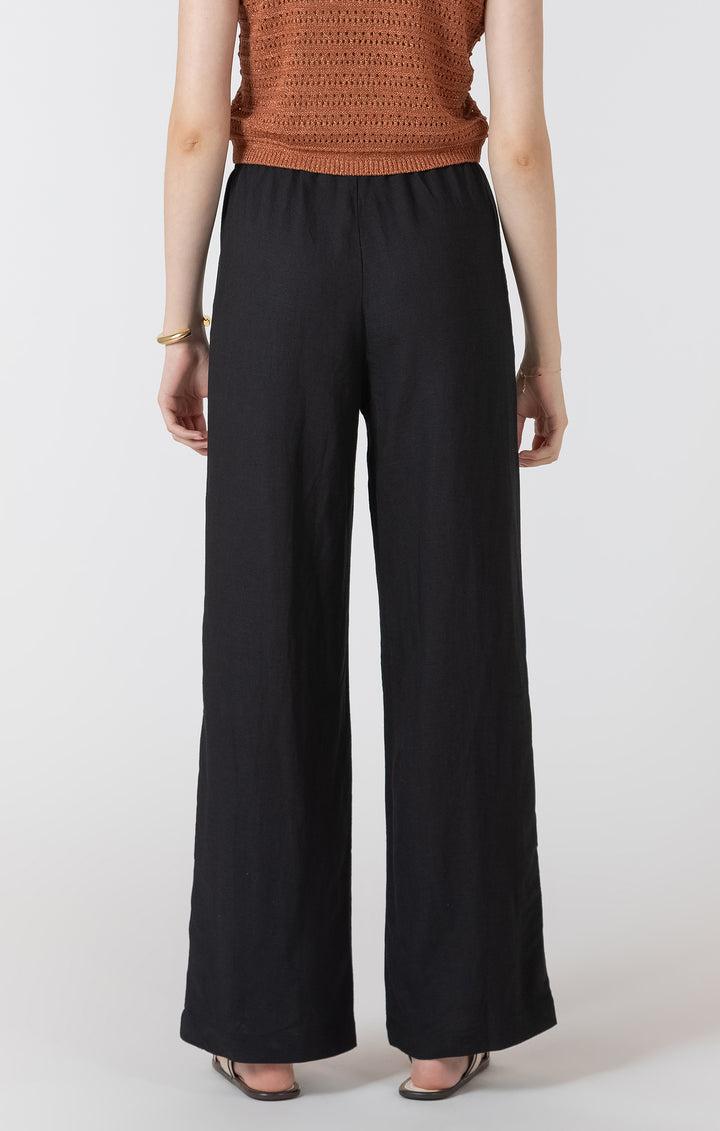 Elastic Waist Linen Pants - Black
