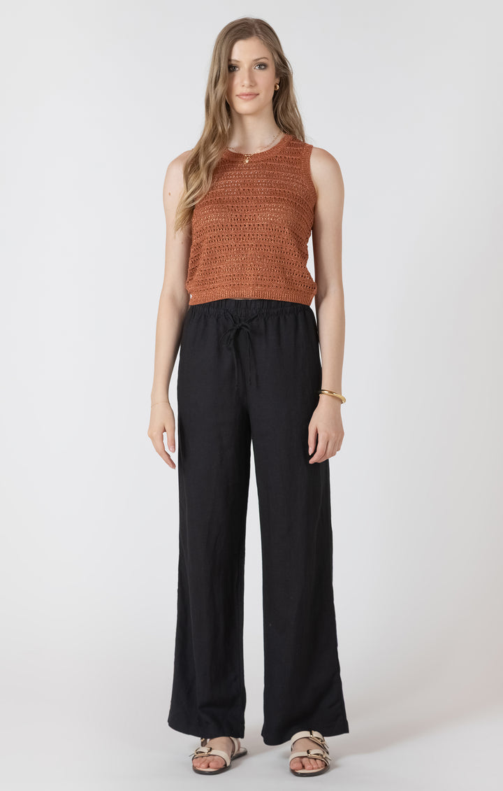 Elastic Waist Linen Pants - Black