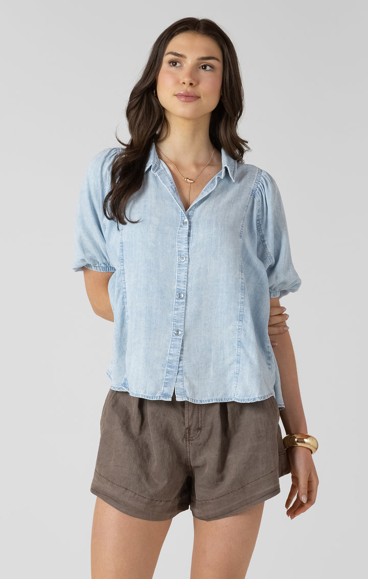 Puff Sleeve Denim Effect Blouse