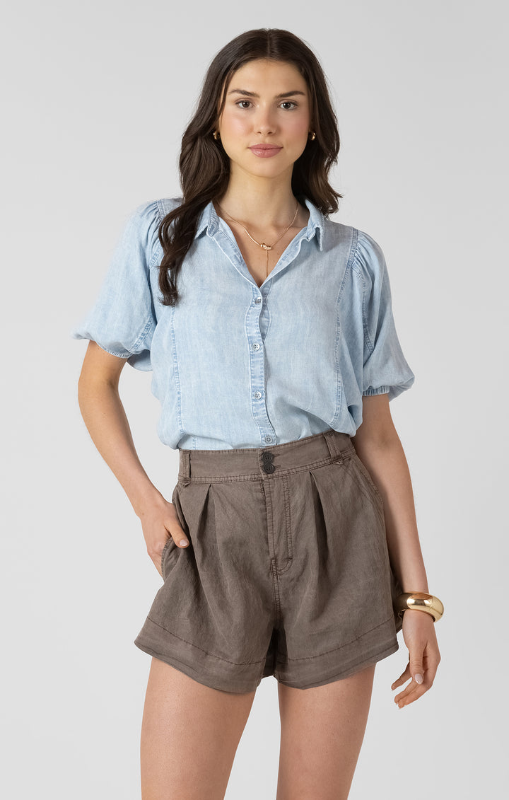 Puff Sleeve Denim Effect Blouse
