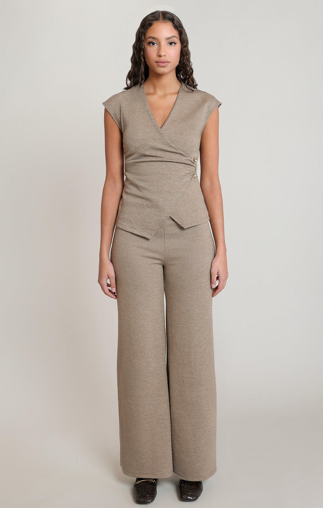 Cross Wrap Knit Top - Light Heather Brown