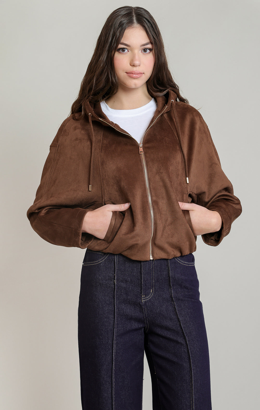 Suede Hooded Bomber Jacket