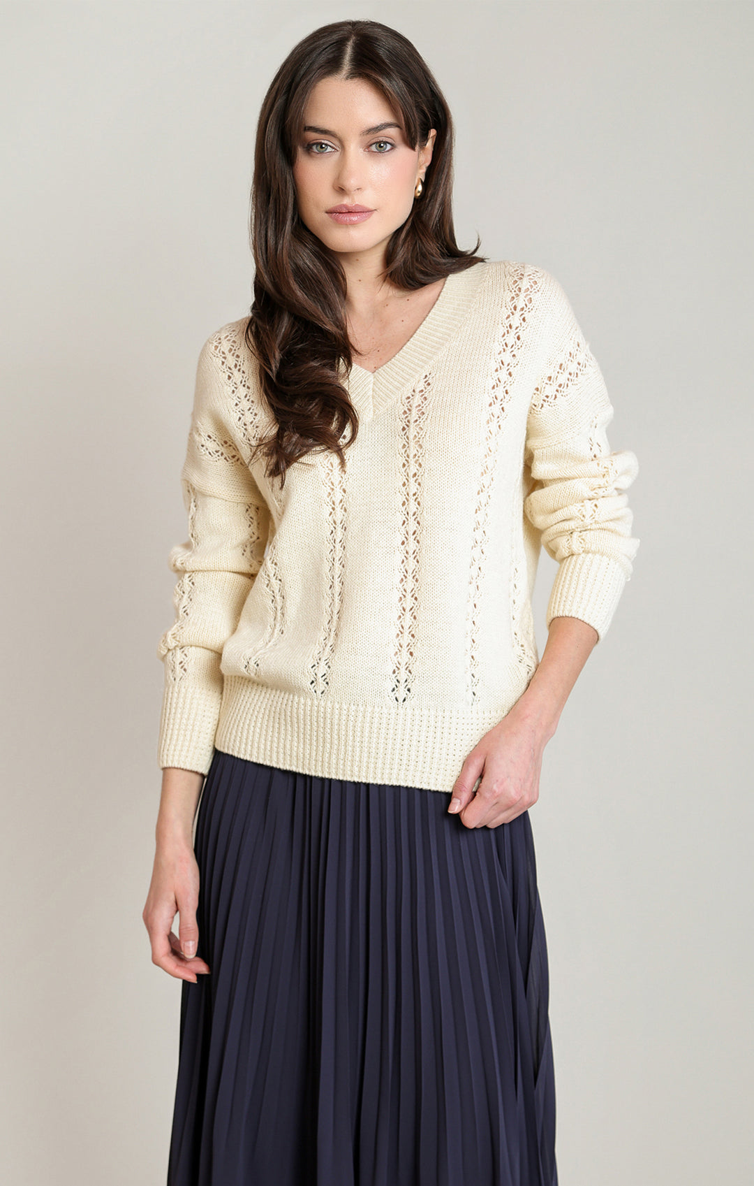 Pointelle Knit V-Neck Sweater