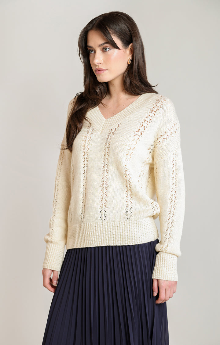 Pointelle Knit V-Neck Sweater