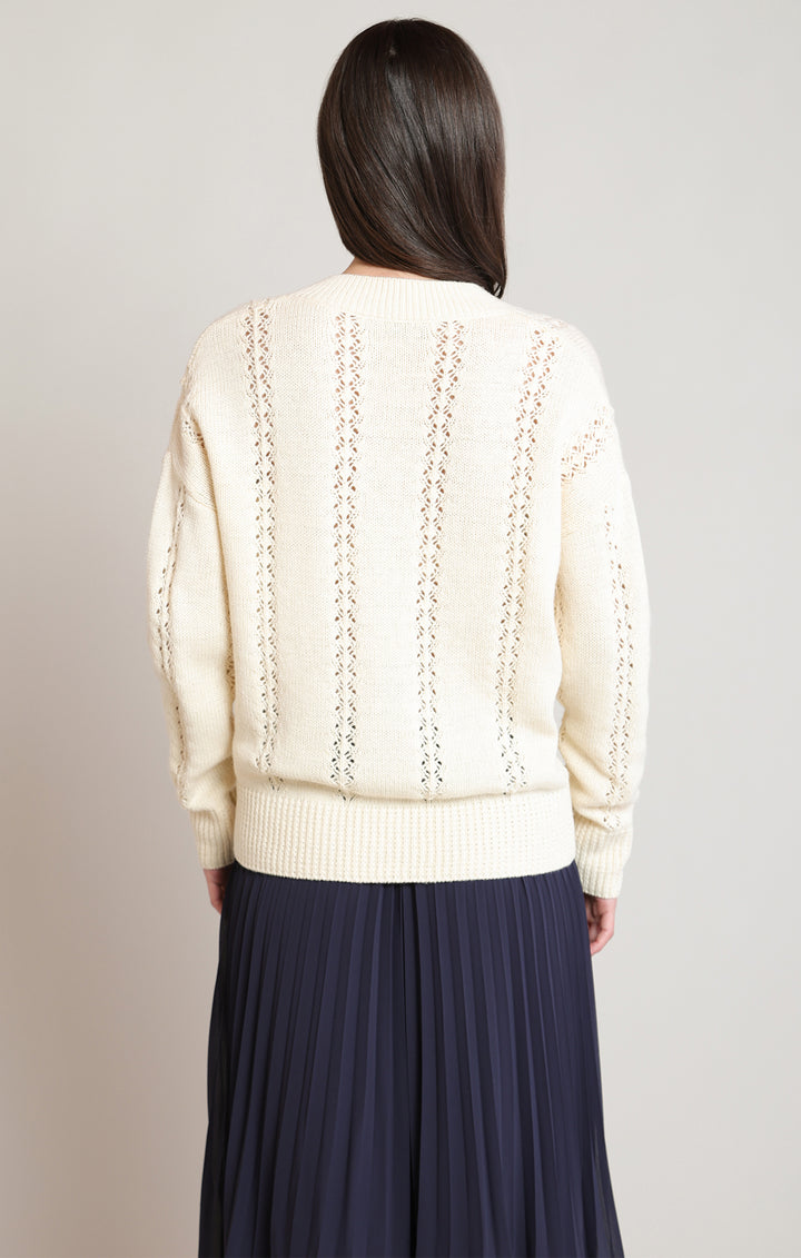 Pointelle Knit V-Neck Sweater