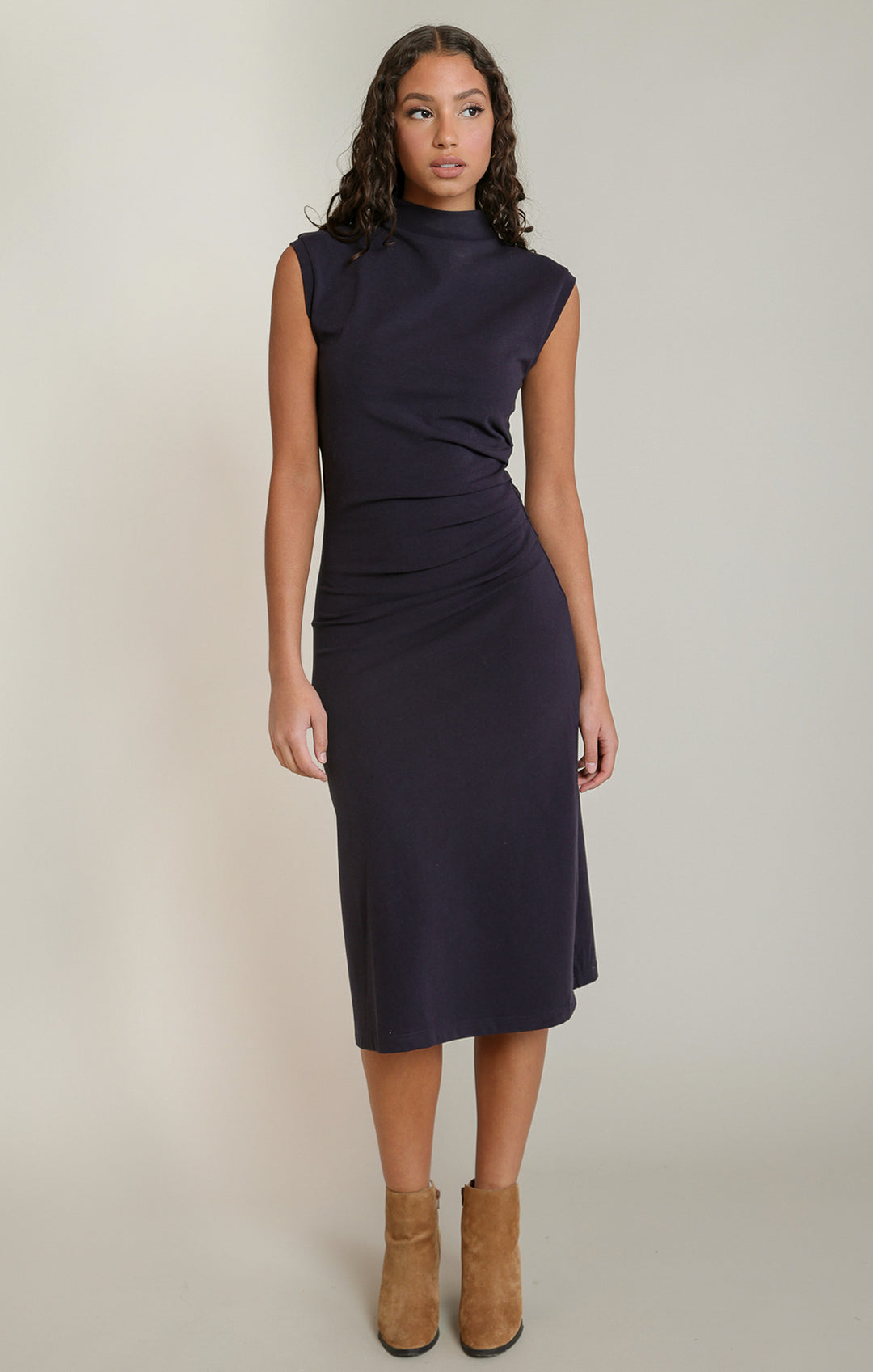Navy Mock Neck Midi Dress