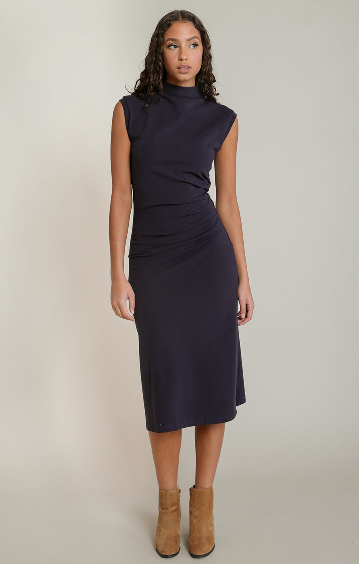 Navy Mock Neck Midi Dress