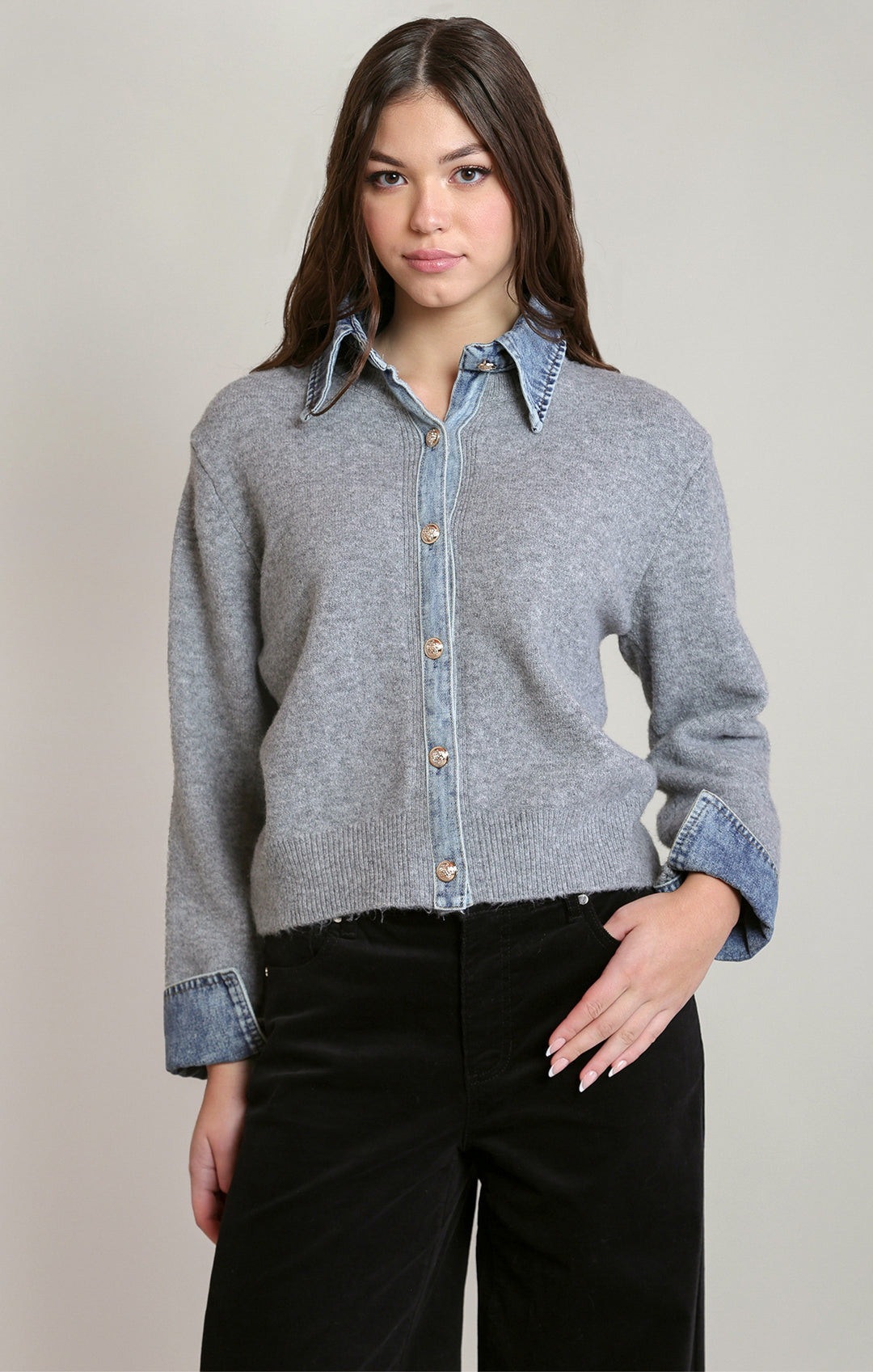 Denim Trim Knit Cardi