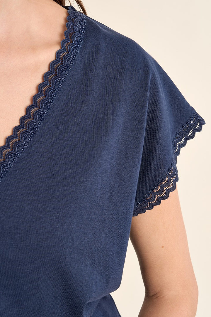 Navy Lace Detail V-Neck Tee