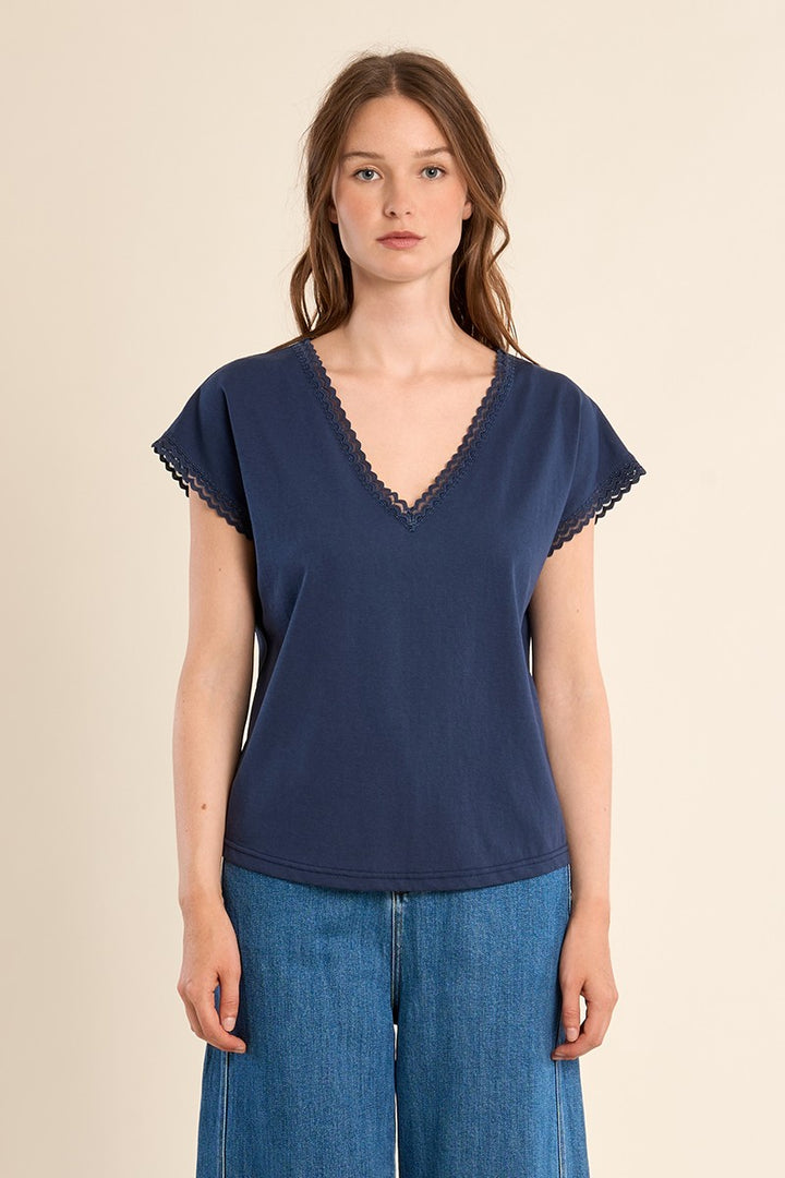 Navy Lace Detail V-Neck Tee